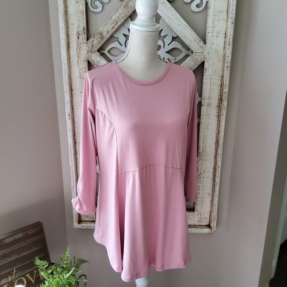 Times Two Maternity Ruched 3/4 Sleeve Pullover Babydoll Tunic Top in Pink - Picture 1 of 9